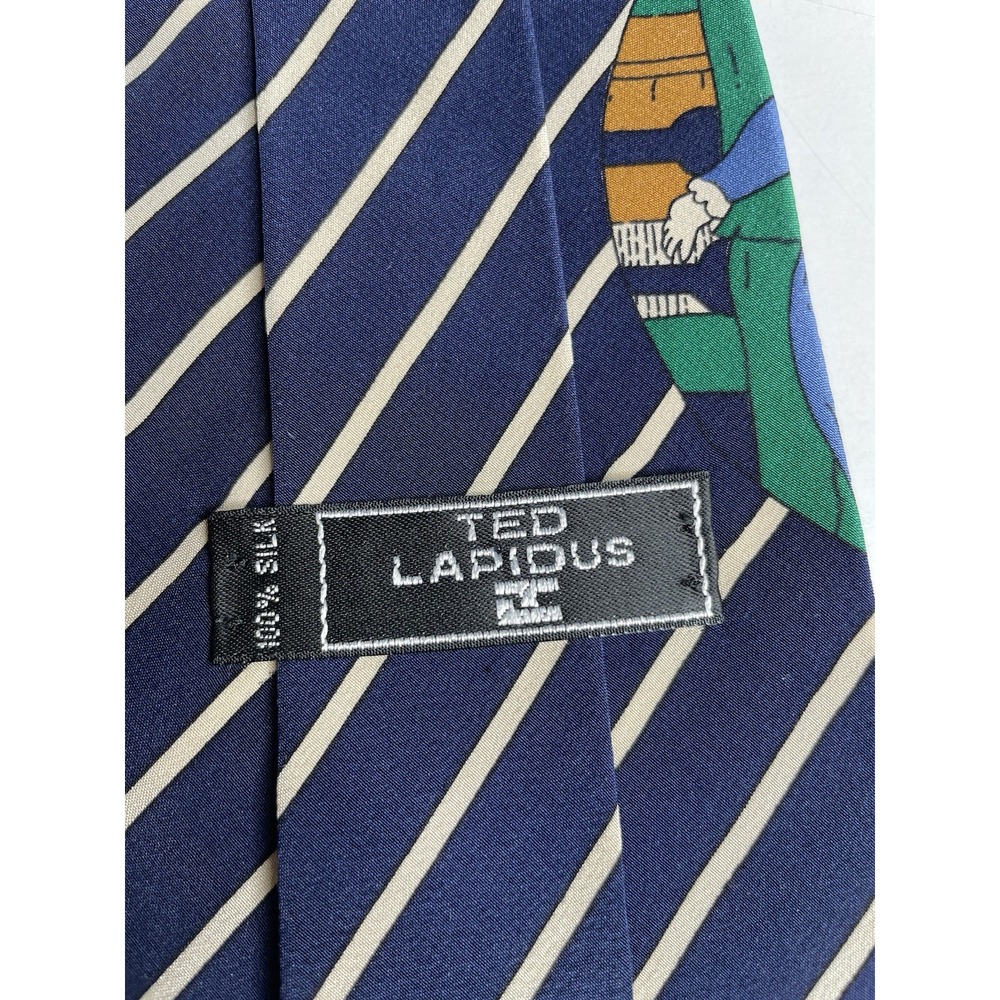 Ted Lapidus Blue White Striped Horse Racing 100% Silk Neck Tie 58" x 4" Italy - Picture 4 of 6